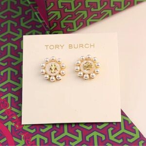 Tory Burch Gold and White Floral Pearl Earrings